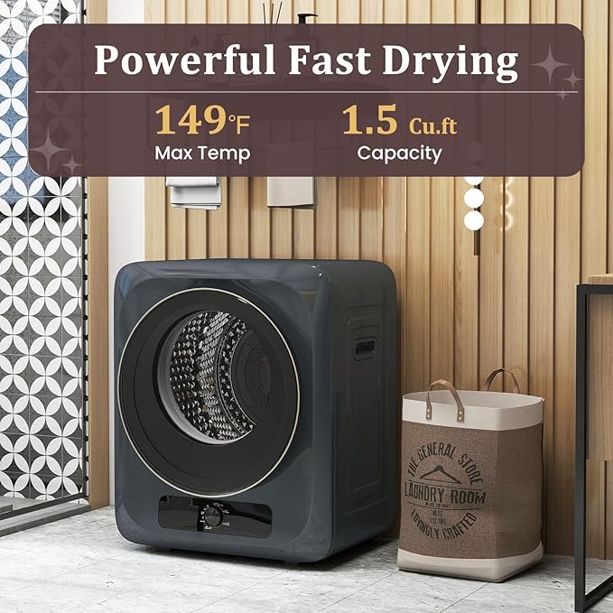 Auertech 1.5 Cu.Ft Portable Clothes Dryer, 850 W Front Load Electric Dryer Machine with Stainless Steel Drum, Simple Control Knob, Compact Tumble Dryer for Laundry Apartment, Dorm, RV, Grey