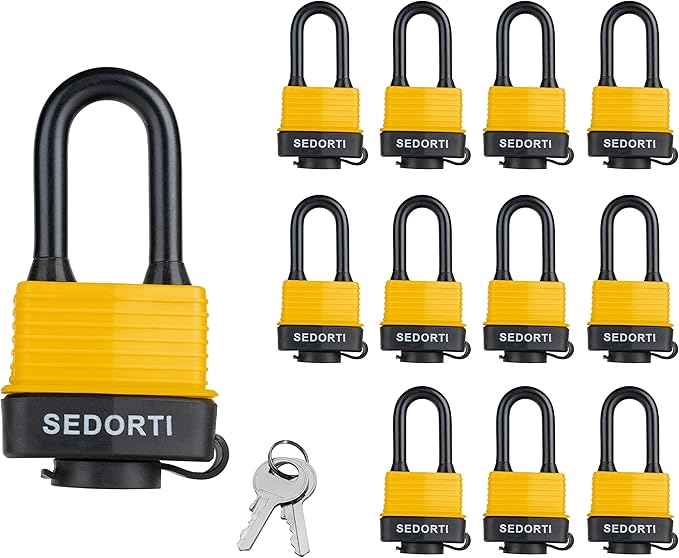 Colored Waterproof Padlocks, Heavy Duty Laminated Steel Body with Yellow Plastic Covered, Keyed Alike Outdoor Locks, Can Be Used as Lockout Tagout Lock, Long Padlocks, Pack of 12