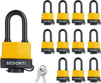Colored Waterproof Padlocks, Heavy Duty Laminated Steel Body with Yellow Plastic Covered, Keyed Alike Outdoor Locks, Can Be Used as Lockout Tagout Lock, Long Padlocks, Pack of 12