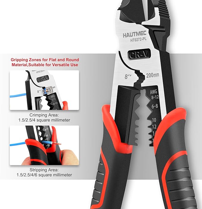 HAUTMEC 8" Diagonal Cutting Pliers, 4 in 1 Multifunction Side Cutters Pliers with Pro-High Leverage, CRV Steel Heavy Duty Wire Diagonal Cutters for Electricians, Mechanics & DIY, HT0272-PL
