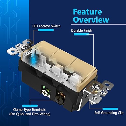 LIDER Minimalist Design Matte Finish Lighted Triple Switch With Screwless Wall Plate, Combination Frameless Decorator Switch with Locator Light, Ground Terminal, Single Pole, 15A 120V, UL Listed, Gold