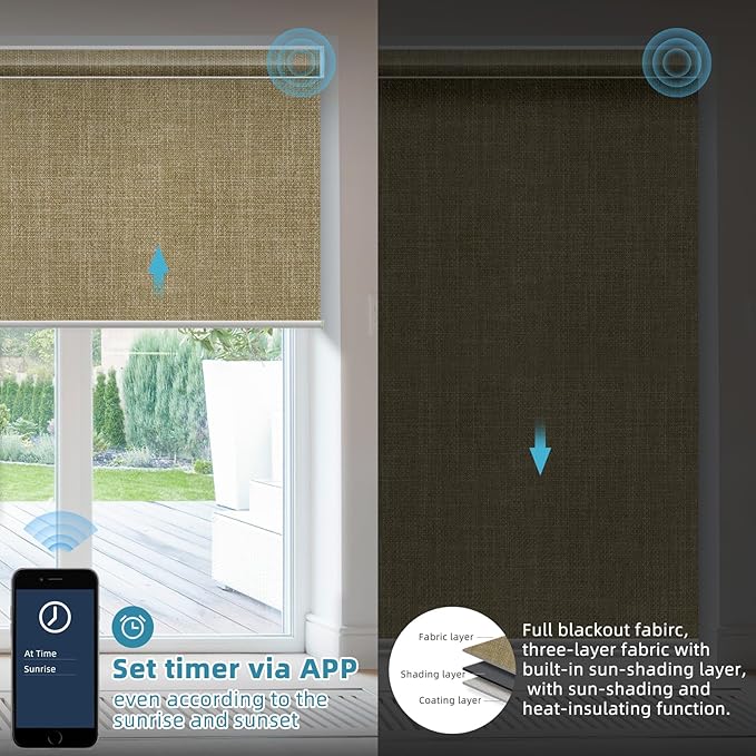 SmartWings Motorized Smart Blinds with Remote, Custom Automatic 100% Blackout Roller Shade Compatible with Alexa/Homekit/Google, Electric Smart Blinds for Indoor Windows, Vigor Wheat