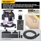 DEWALT 5 Gal Stealthsonic Shop Vacuum Wet and Dry, Ultra-Quiet Stainless Steel Shop Vac, 4 HP Heavy-Duty Vacuum Cleaner with Complete Accessory Kit and 6 Dust Bages for Home, Workshop, Garage, Car