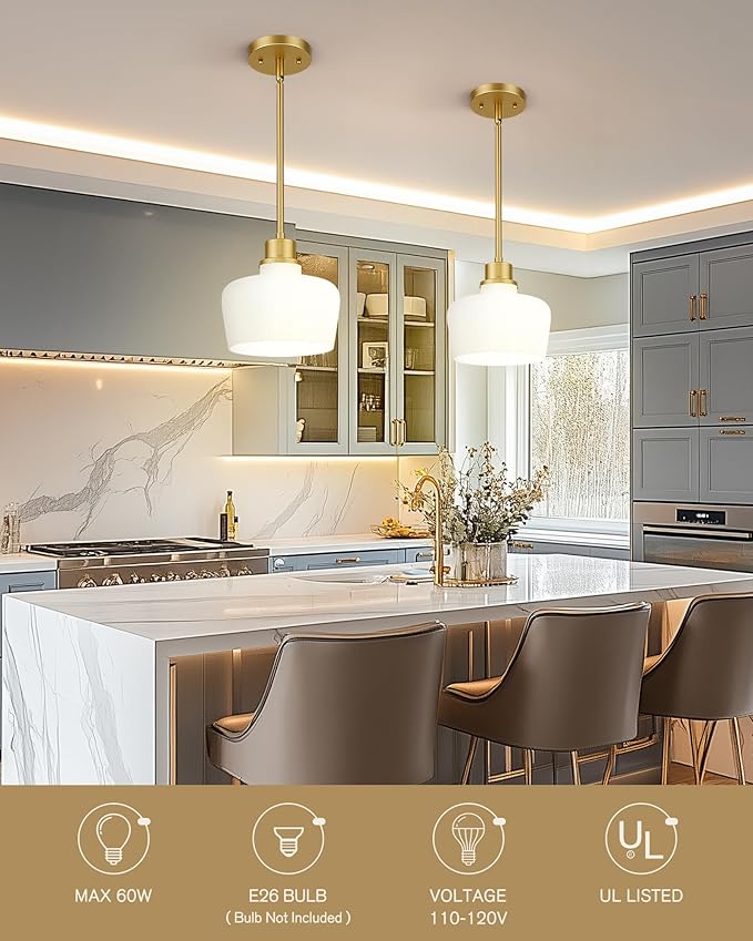Emak Gold Pendant Lights Kitchen Island, 10 Inch Large Pendant Light with Milk Glass Shade, Modern Hanging Light Fixture for Kitchen, Dining Room, PL126-GD-ML