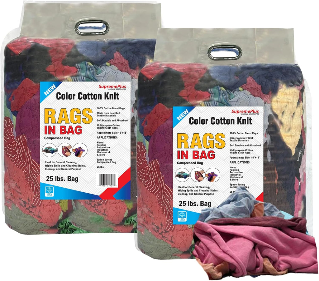 Premium Color Knit Cleaning Rags (25 lbs. Bag - Pack of 2) - Multipurpose Cotton T-Shirt Rags for Workshops, Mechanics, Painters, and Home Use