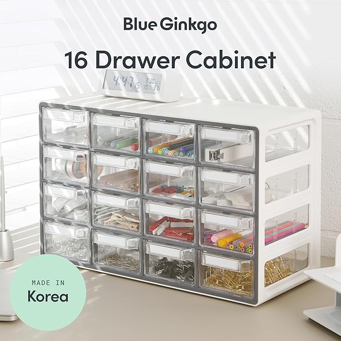 Blue Ginkgo Medium 16-Drawer Cabinet – Stackable Clear Organizer for Hardware, Beads, Plastic Bricks, Office, and Craft Storage (Made in Korea, Gray)
