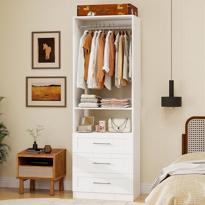 Closet System, Small Modular Closet Organizer System with 3 Drawers and Shelves, Expandable 2 Hanging Rod, Custom Closet Organization System for Walk-in Closet, White (2FT)