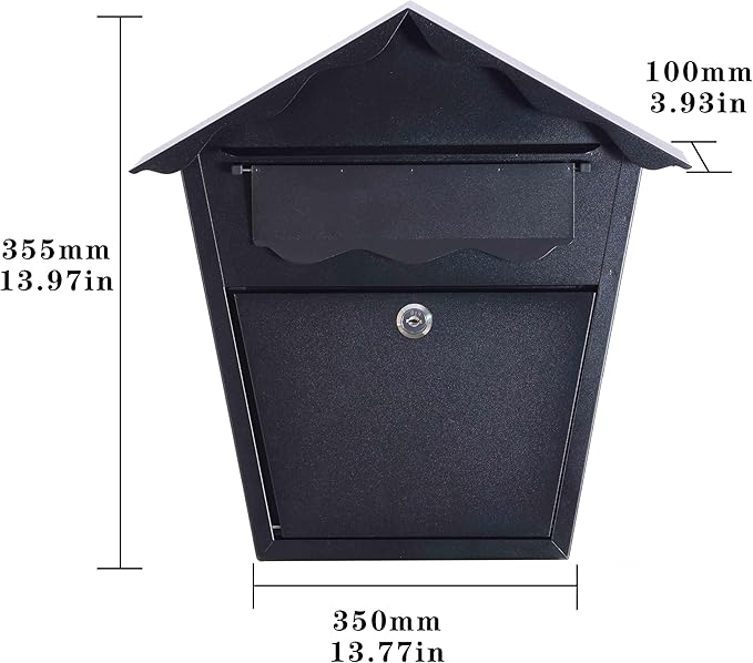 Wall Mount Locking Mailbox - Black Horizontal Triangular Security Mailbox - Waterproof Vertical Drop Mail Box Outdoor with Key