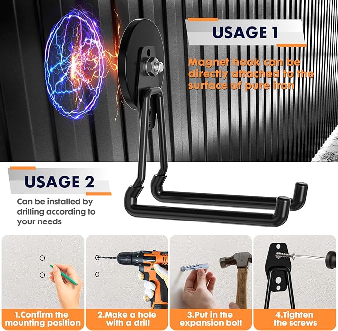 Heavy Duty Storage Magnetic Utility Hooks Large Garage Magnet Hooks with Anti-Slip Coating for Metal Cabinet,Pegboard,Garage Shelve,Garden Tools (Black3pro)