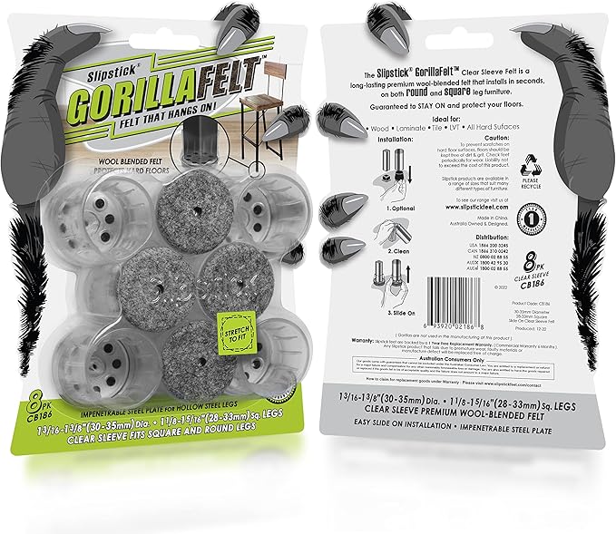 Slipstick GorillaFelt Chair Leg Floor Protectors for Hardwood Floors, Clear Sleeve Felt Pads for Furniture That Stay On, Fits Round & Square Legs, Includes 8 Premium Transparent Chair Socks, CB186