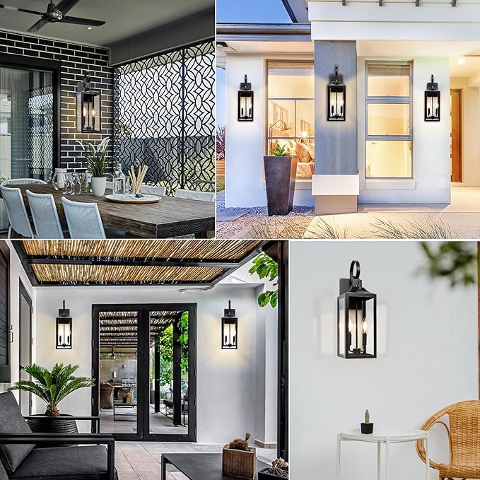 Black Dusk to Dawn Outdoor Wall Lantern 2-Light, 19" Large Outside Modern Porch Sconce Light Fixture, Industrial Porch Light Wall Mount with Glass, Waterproof Farmhouse Exterior Lamp Lighting