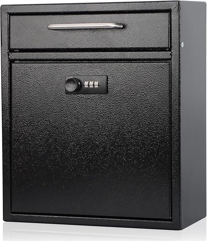 KYODOLED Steel Combination Lock Mail Boxes Outdoor, Locking Wall Mount Mailbox, Security Key Drop Box,12H x 10.51L x 4.68W Inches, Black Large