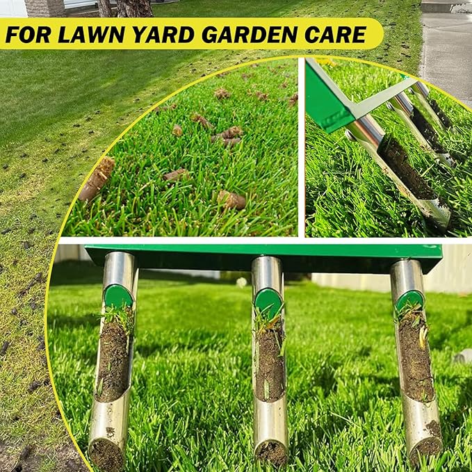 Lawn Aerator, Push Core Aerator Lawn Tool, Stainless Steel 3-Corer Hand Aeration – Manual Yard Plug Aerator for Compacted Garden Soil, Garden Care, Gardening Core Aeration Tool