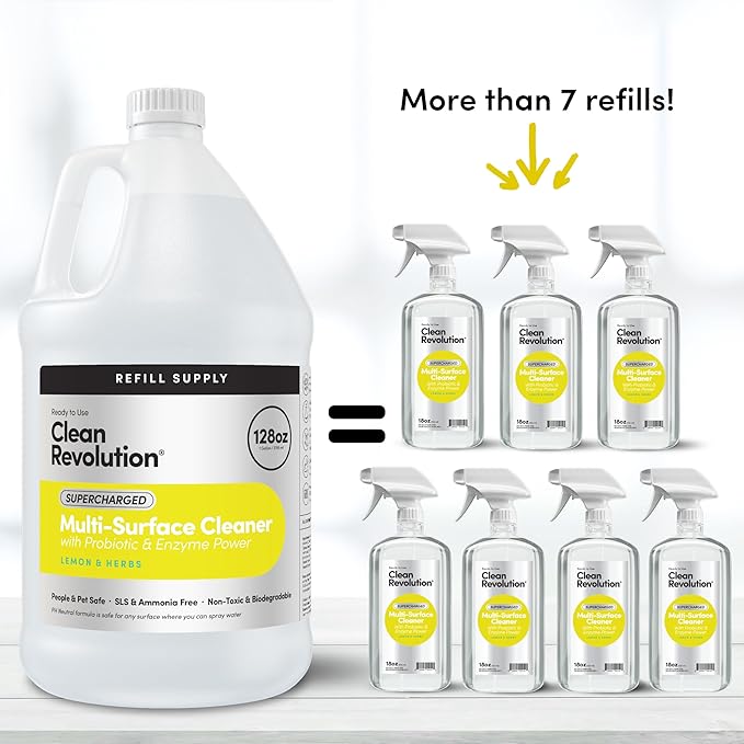 Clean Revolution SuperCharged Multi-Surface Cleaner, Non-Toxic, Eco-Friendly & Plant-Based, Ready to Use, Lemon & Herbs, 128 Fl Oz