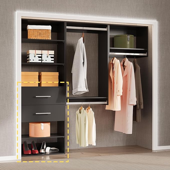 2 Drawer Short Tower Closet Unit, Modular Closet System, Wood Closet System Organizer with Storage for Walk In Closets, Clothing Rack Closet for Hanging Clothes, Bedroom, Black, 19.5"W