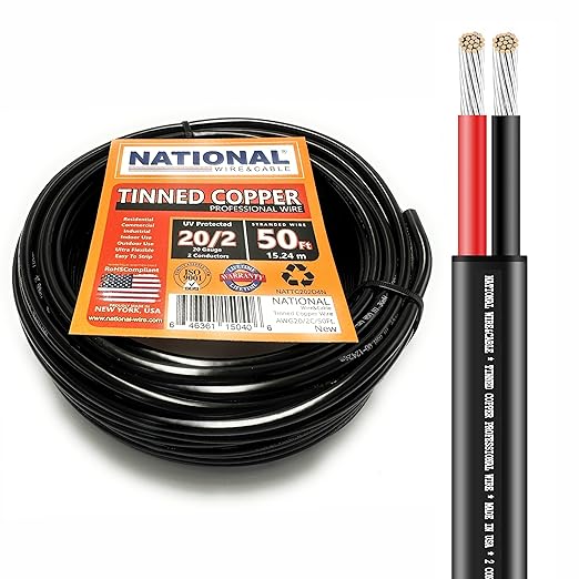 National Wire&Cable - 20/2 Tinned Copper Professional Wire (50 Feet) 20 AWG Gauge Stranded PVC Cord - 2 Conductor Electrical Wire - Made in USA - CL Rated/ETL Listed - LED Light, Low Voltage Cable