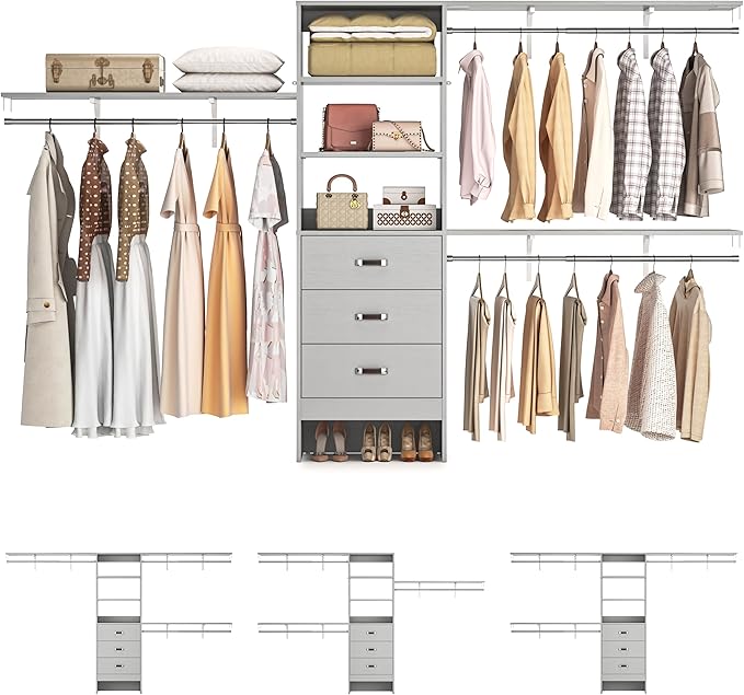 Armocity 120 Inches Closet System, 10FT Walk In Closet Organizer with 3 Shelving Towers, Heavy Duty Clothes Rack with 3 Drawers, Built-In Garment Rack, 120" L x 16" W x 75" H, Max Load 1300 LBS, Grey