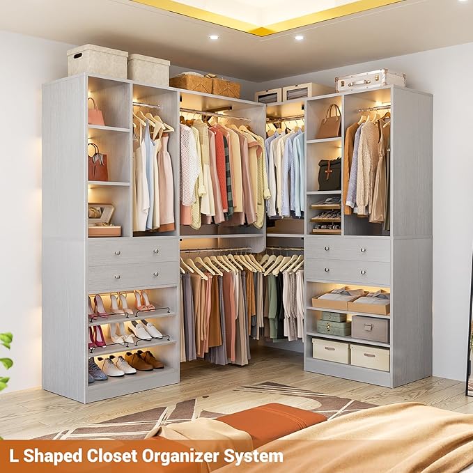 10FT Closet System with 4 Drawers, 120" Closet Organizer System with 6 Hanging Robs & Reversible Hanging Shelving, Closet Systems for Walk-in Closets, Load 2000+LBS, Morandi Grey 2 Pack