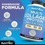 Nutrivein Multi Collagen Pills 2250mg - 180 Collagen Capsules - Type I, II, III, V, X - Anti-Aging, Healthy Joints, Hair, Skin, Bones, Nails, Hydrolyzed Protein Collagen Peptides for Woman and Men