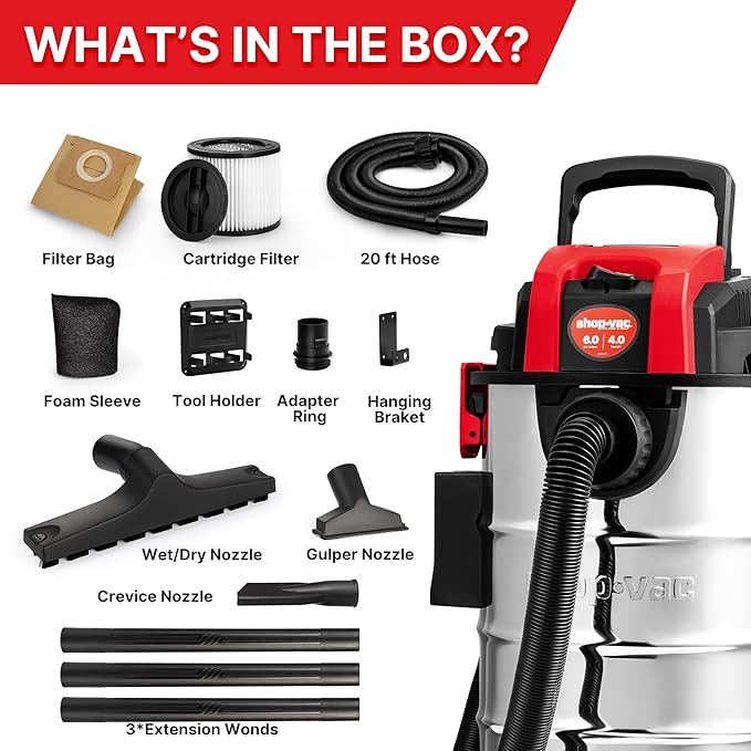 Shop-Vac 6 Gallon 4.0 Peak HP Wet/Dry Vacuum, Wall Mountable Compact Shop Vacuum with 20 ft Extra Long Hose & Accessories - Ideal for Jobsite, Garages, Car & Workshops