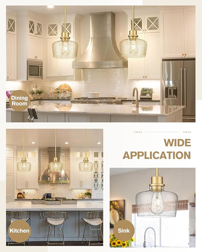 Emak 8 Inch Gold Pendant Light Fixtures, Modern Pendant Lights Kitchen Island with Seeded Glass Shade, 1 Light Hanging Light for Kitchen Island, Dining Room, Bathroom, Bedroom, PL122-GD