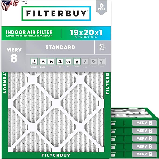 Filterbuy 19x20x1 Air Filter MERV 8 (MPR 700) Dust Defense Replacement (6-Pack), Electrostatic Pleated HVAC AC Furnace Filters, Made in USA (Actual Size: 19.00 x 20.00 x 0.75)
