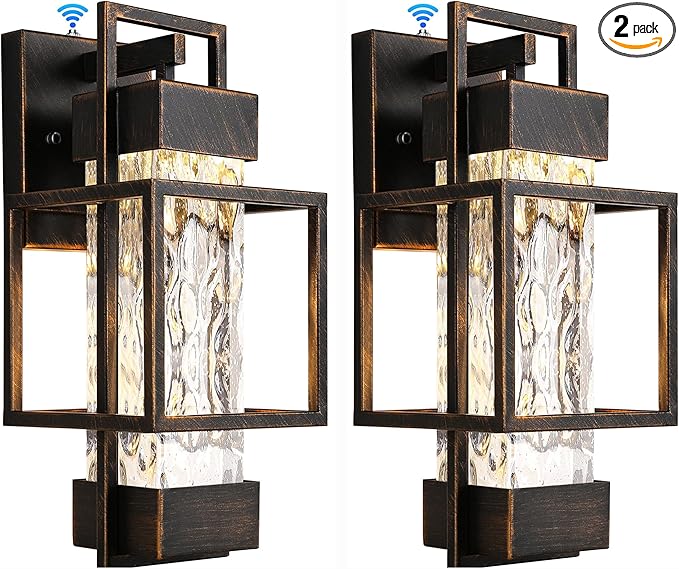 PARTPHONER Modern Outdoor Light Fixtures Dusk to Dawn Outdoor Lighting 2 Pack, 15" Exterior Wall Sconce Waterproof Outside Porch Light for House with Water Glass Black Brushed Gold