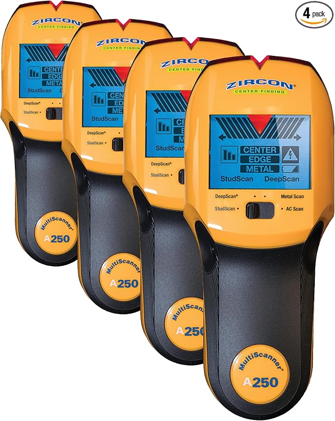 Zircon MultiScanner A250 Stud Finder Metal Detector | Live AC Wire Detection | Scanner | Yellow | Pack of 4