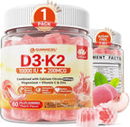 Sugar-Free Vitamin D3 K2 Filled Gummies 5000IU / 10,000 IU with 500mg Calcium + K2 (MK-7) 200mcg, Magnesium Citrate, Vitamin C, Extra Strength - Ultimate Absorption for Bone Muscle Teeth Immune, Vegan