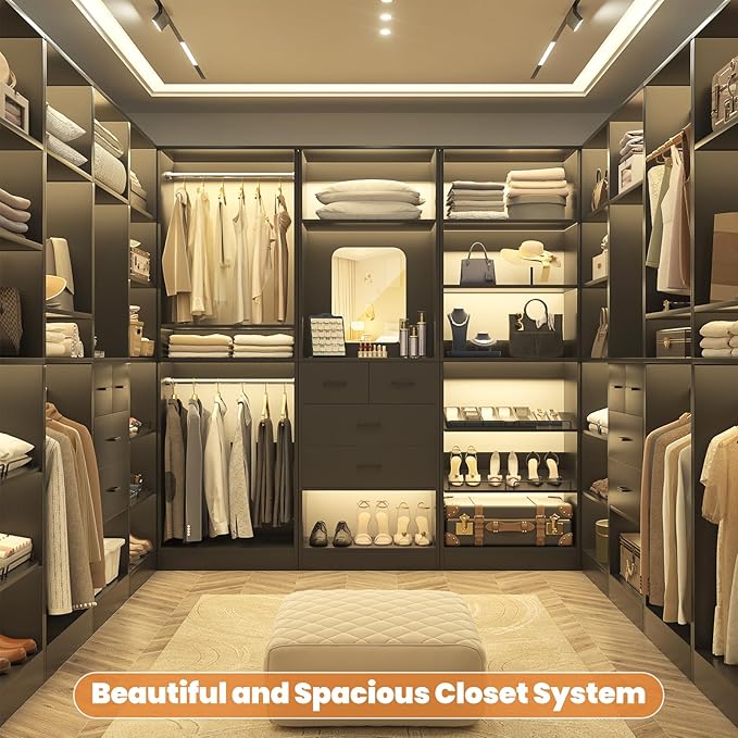 Unikito 75” Closet System with Drawers, 6.2FT Wood Closet Organizer with Hanging Rods and Mirror, Reversible Large Walk in Closets Wardrobe Garment Rack with Shoe Shelves, Max Load 2000 LBS, Black