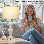 27.5" Farmhouse Table Lamps Set of 2, Rustic Living Room Lamps with USB C+A Ports & AC Outlet, Vintage Bedside Lamps with Linen Shade, Tradition Bedroom Lamps for Nightstand Side End Table Desk, Beige