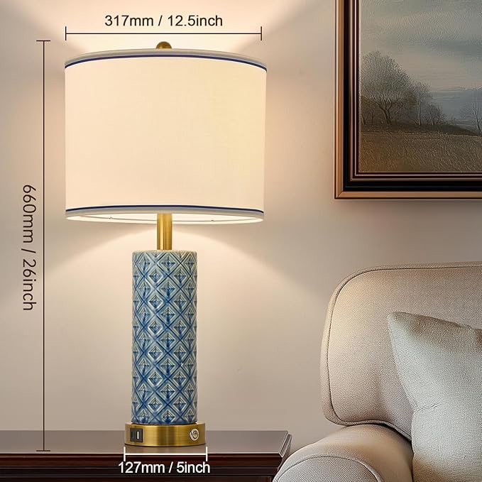 Set of 2 Table Lamp for Living Room Bedroom Farmhouse,26'' Touch Control Bedroom Aqua Blue Ceramic Lamps 3-Way Dimmable Bedside Lamps with USB A+C Ports Linen Shade for Home