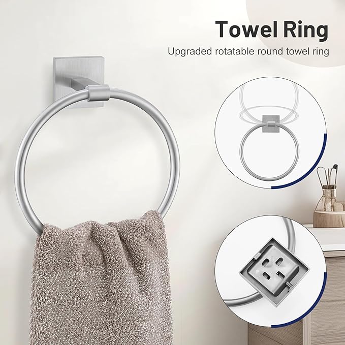 5 Pieces Bathroom Hardware Set, Brushed Nickel Towel Bar Set Includes 23.6” Towel Bar, Towel Ring Holder, Toilet Paper Holder and Two Towel Hooks, Bathroom Accessories Set SUS304 Wall Mounted