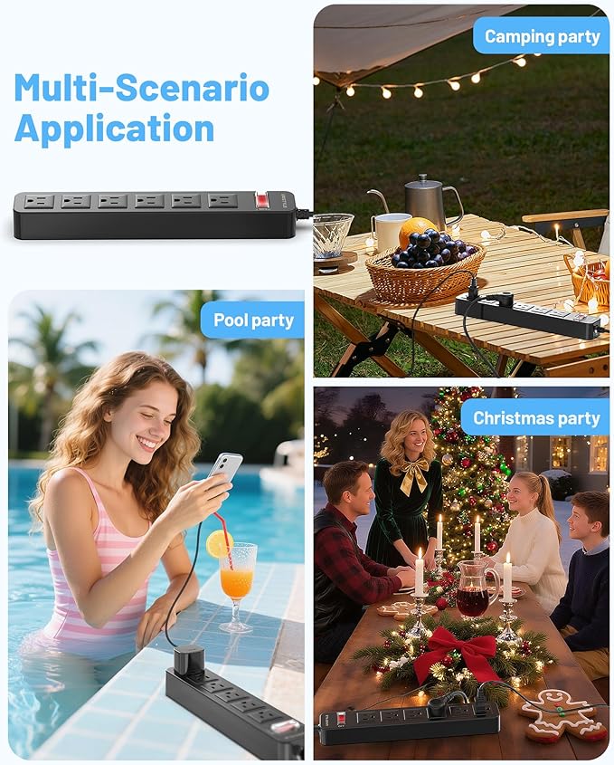 65 FT Outdoor Power Strip Weatherproof with Surge Protector - 6 AC Outlets, Unistyle 1700 J Lightning Protection, IPX4 Waterproof Extension Cord for Christmas Lights, Camping & Pool Parties Black