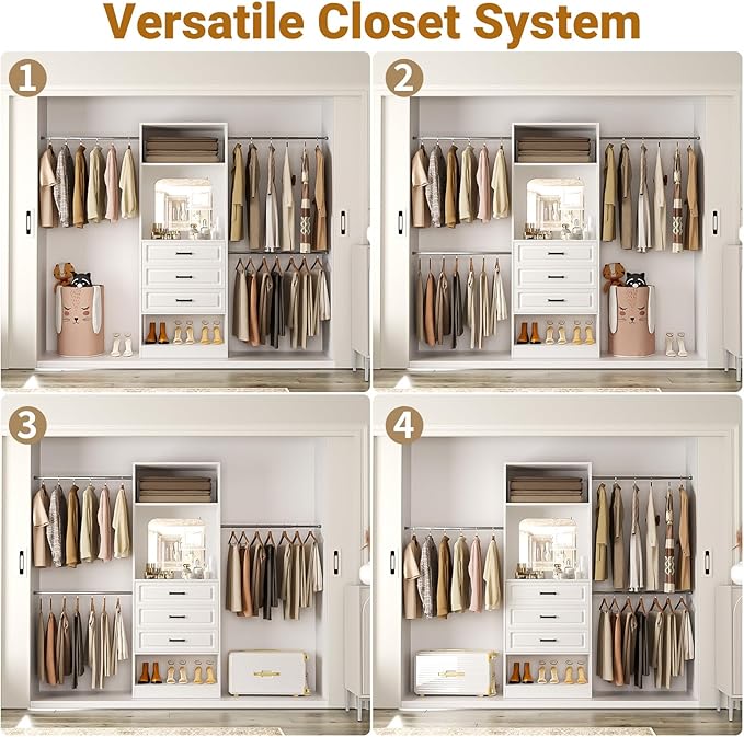 Unikito 48" W - 96” W Closet System with Mirror, 8FT Walk in Closet Organizer Kits with Drawers and 3 Extendable Hanging Rod, Sturdy Wood Clothing Garment Rack with 25” Tower, Max Load 1000 LBS, White