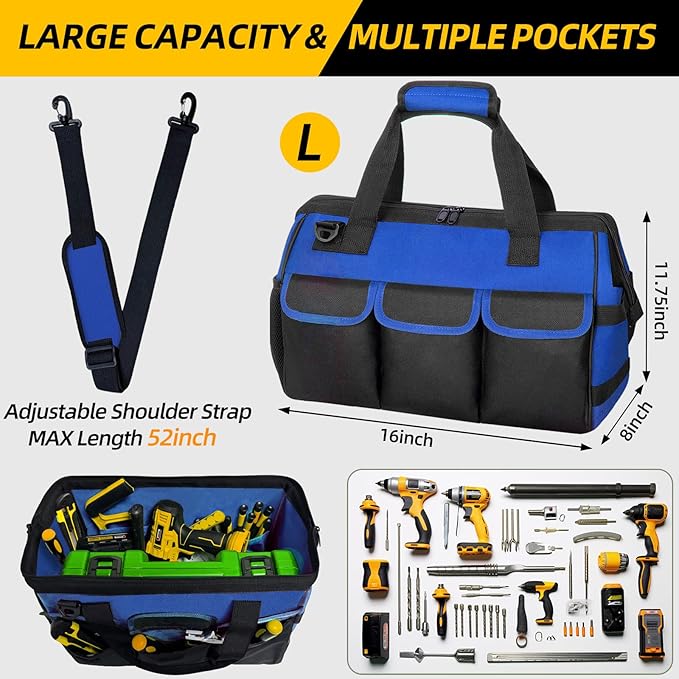 Tool Bag, Portable Tool Box Organizer Adjustable Shoulder Strap, Carry Tool Tote Heavy Duty Tool Storage Bag With Wide Mouth,Tool Bags for Men Mechanic EngineerGift - L, Blue & Black