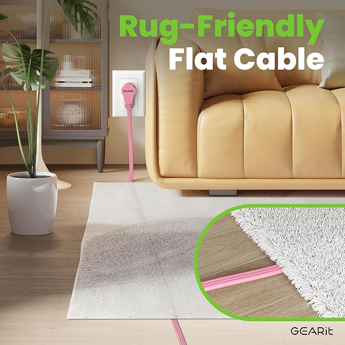 GEARit 360 Rotating Flat Plug Short Extension Cord with 3 Outlets (4ft, Pink) 16AWG/13A 3 Prong Wire, Outlet Saver for Home Office Dorm Room Essentials, ETL Certified
