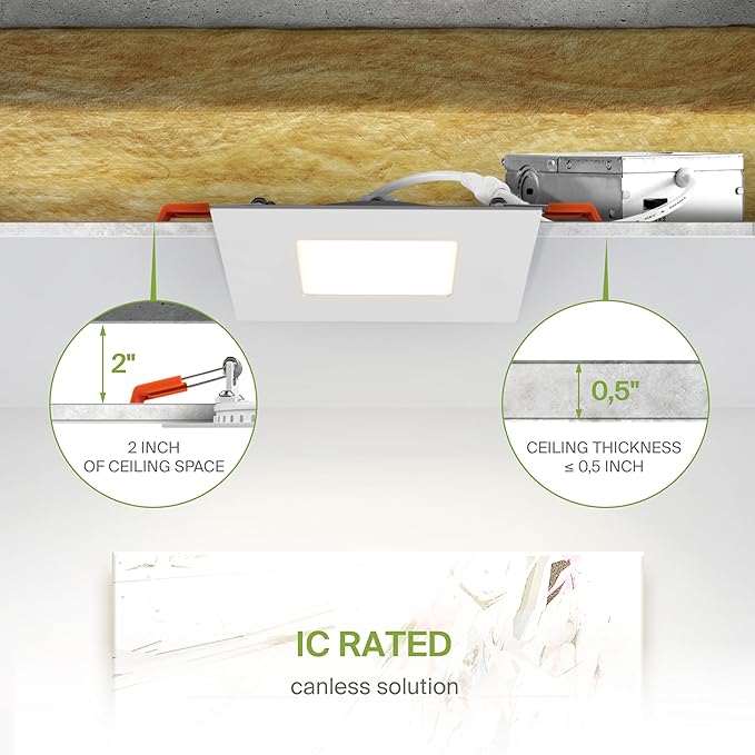 ASD 6 Pack LED Recessed Square Ceiling Light 4 Inch with Round Back, 5 CCT 2700K-5000K, Ultra-Thin Dimmable Wafer Lights with Junction Box, 12W 869LM, Canless Recessed Lighting, Slim LED Downlight, UL