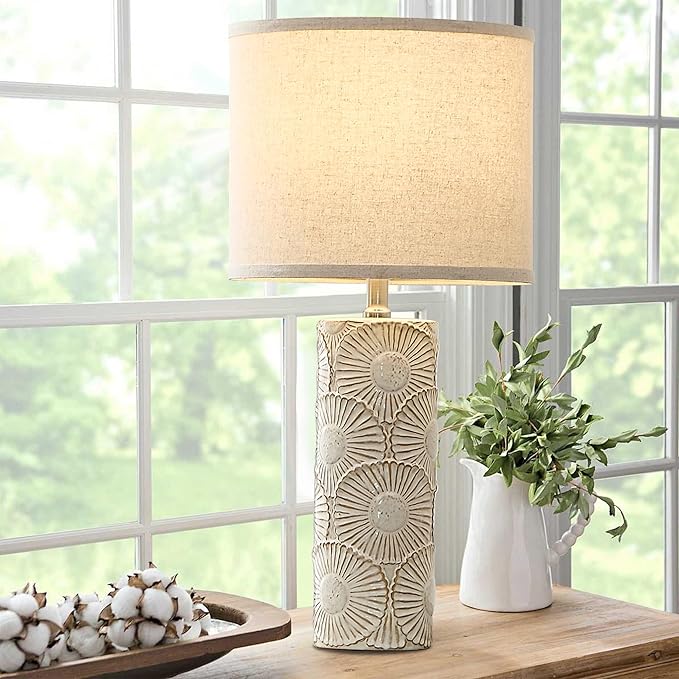 25.25" Tall White Lamps Set of 2 with Floral Design, Farmhouse White Ceramic Lamps Set of 2 for Bedroom, Living Room, Beige Table Lamps for Nightstands, Console Table