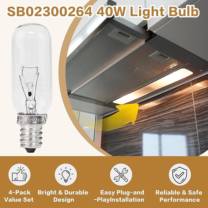 【4-Pack】 40W E12 Candelabra Bulbs, Dimmable 120V Warm White, Compatible for Broan/Whirlpool Range Hood Light Replacement for Models PM250/PM390/RM50000 - Replaces B02300264 WP8190806