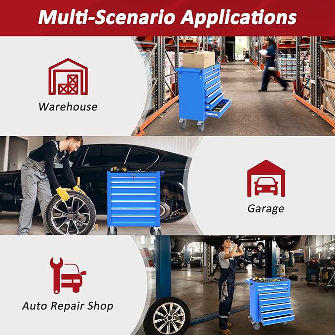 7 Drawers Rolling Tool Chest with Wheels, Portable Rolling Tool Boxes with Wheels, Tool Box Storage Cabinet with Locking System for Garage (Blue, 7 Drawers)