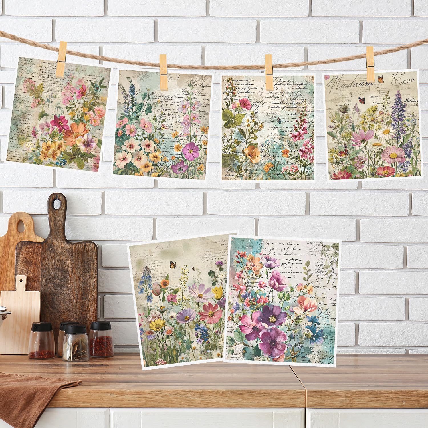 Floral Swedish Dishcloths for Kitchen, 6PCS Vintage Flower Swedish Dish Cloths Gift Set, Reusable Absorbent Cellulose Sponge Dish Towel for Home Cleaning(7.8 X 7 Inches)