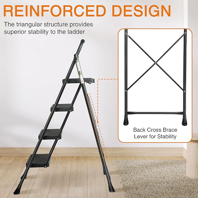 4 Step Ladder, Protable Steel Folding Stool with Wide Anti-Slip Pedal, 500lbs Sturdy Steel Ladder, Black