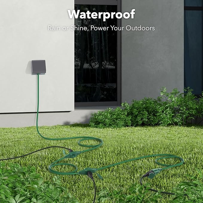 BN-LINK 25 ft Outdoor Extension Cord w/3 Inline Outlets 16/3 Gauge, SJTW Green for Landscaping & Holiday Decorations, Grounded, ETL Listed