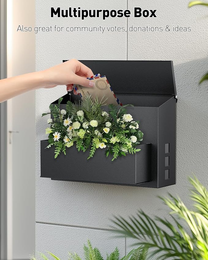Uniclife Wall Mount Mailbox for Outside, Large Mailbox with Planter, Large Capacity Mail Box for House, Rust-Proof Steel Post Box for Home Office School, Modern Metal Drop Case, Black