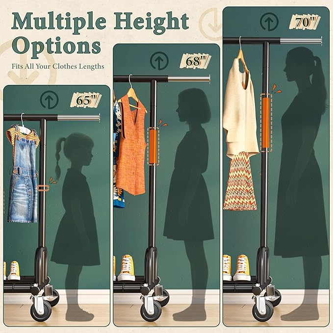 Raybee Heavy Duty Clothes Rack, Clothing Racks for Hanging Heavy Clothes 200+, Rolling Clothing Rack Load 485 LBS, Extendable & Adjustable Portable Commercial Garment Rack with Wheels, Black