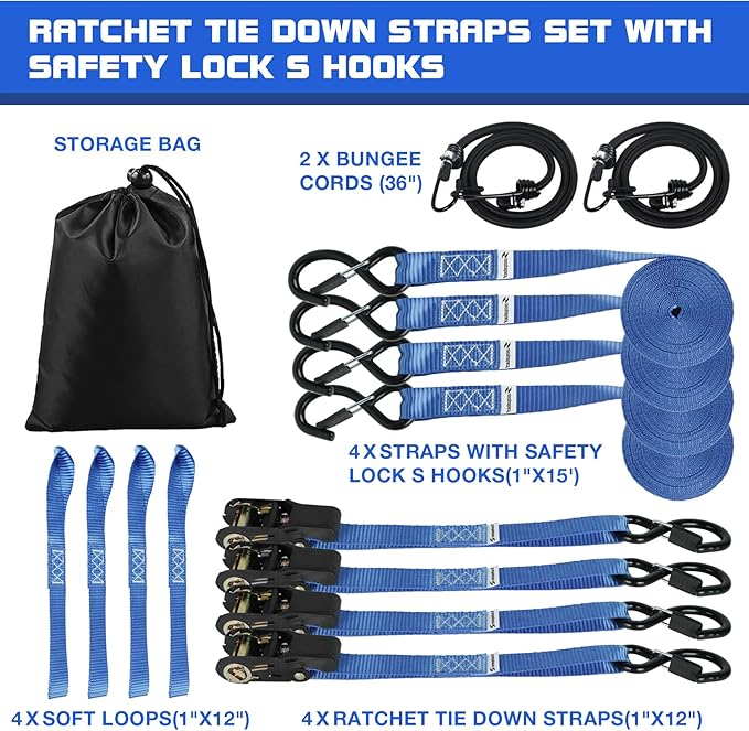 Ratchet Straps Heavy Duty 4 Pack 15 FT 2200 LB Break Strength Cargo Hold Tie Down Straps with Safety Lock S Hooks for Moving, Appliances,Box,Motorcycle, Soft Loop Securing,RV,Car,Camping Accessories