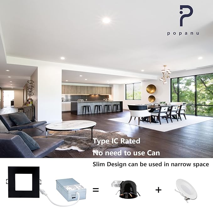 4-inch LED Canless Recessed Slim-Downlight 5 CCT Adjustable Dimmable Recessed Lights Fixture with Junction Box, Ceilling Light with Junction Box, 2700-5000K, 9W, Black Square Finish, 6 Pack