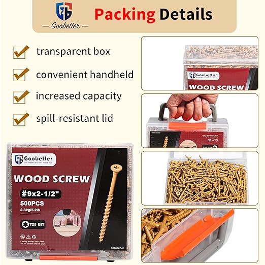Deck Screws #9 x 2-1/2", 500 Pcs Wood Screws 2 1/2 inch, Rust Resistant, Construction Fence Exterior Screws, Torx Head Drive, 2 Pcs T25 Star Bits Included, Yellow