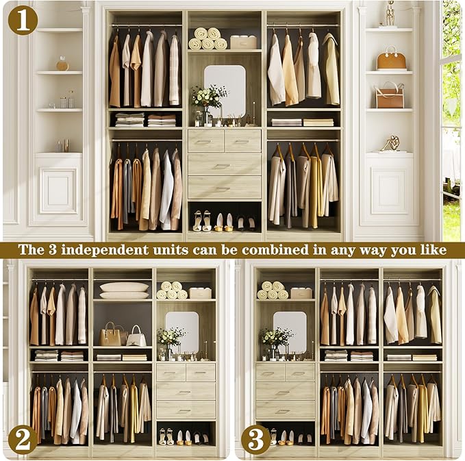 Unikito 75” Closet System with 4 Drawers, 6.3FT Wood Walk in Closet Organizer with Hanging Rods and Mirror, Reversible Large Closet Wardrobe with Shelves, Max Load 2000 LBS, White Oak